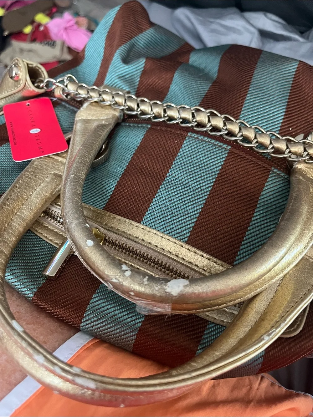 Striped Brown & Teal Dome Handbag with Gold Trim